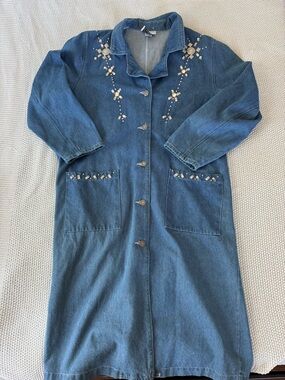 Vintage Pado Embellished Denim Button-Front Long Coat